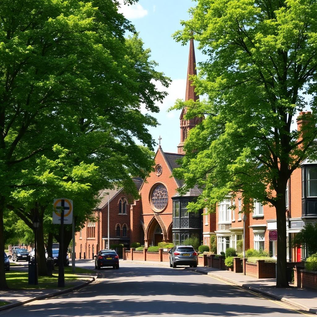 Leafy street with sandstone Christ Church tower in Alsager, Cheshire