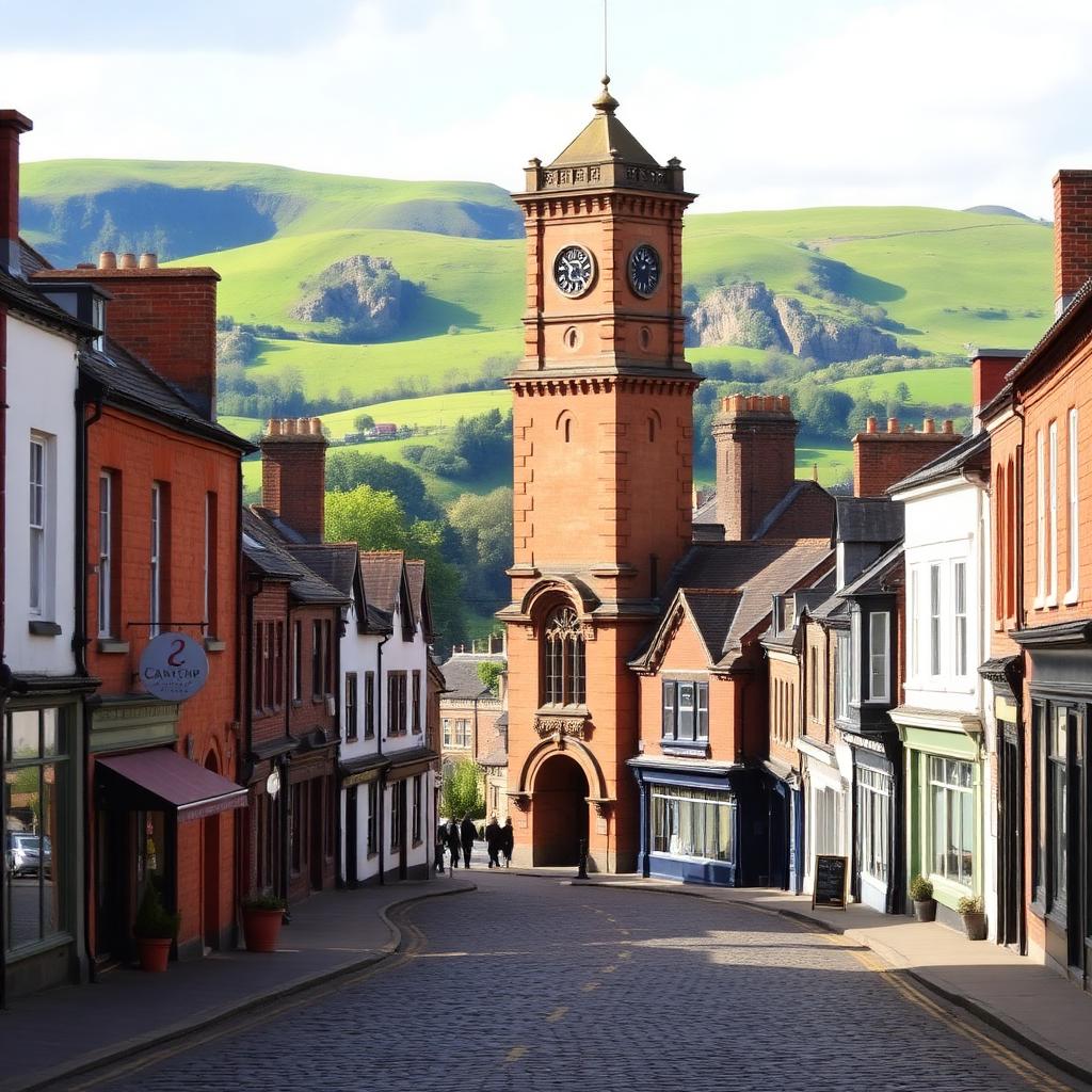 Congleton town centre with cobbled street and Cheshire hills beyond