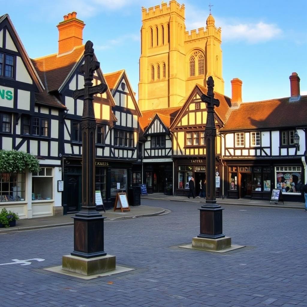 Cobbled market square with the Anglo-Saxon Sandbach Crosses, Cheshire