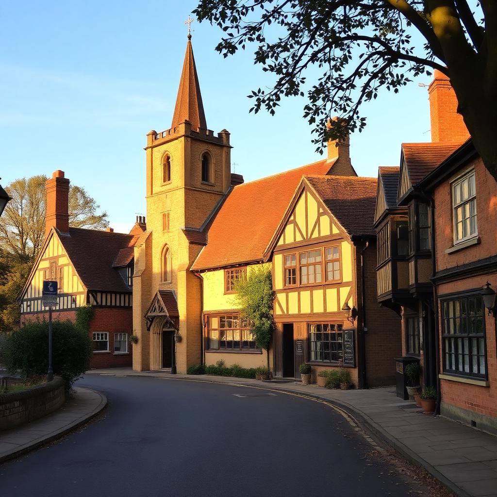 Medieval sandstone St Luke's church and timber-framed buildings in Holmes Chapel