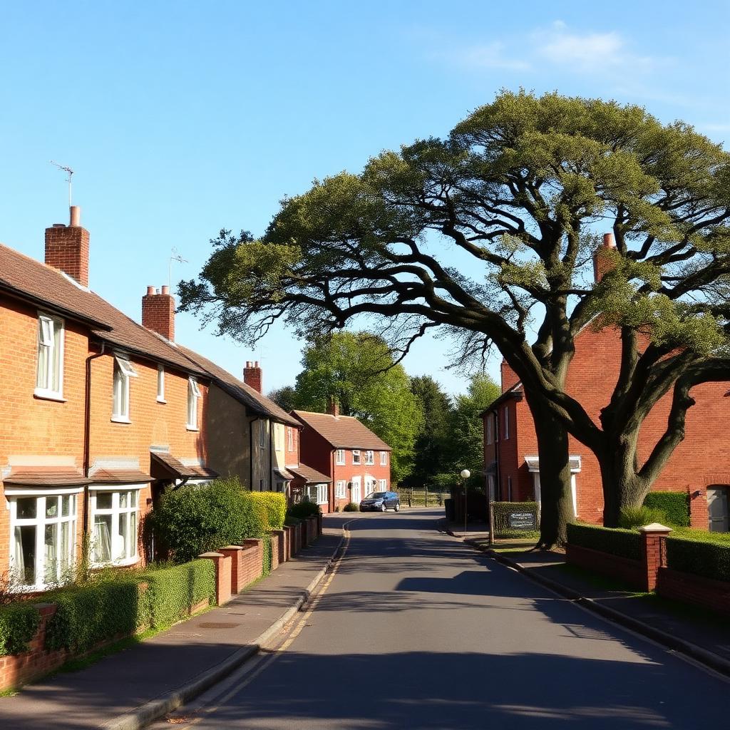 Quiet residential street lined with mature oak trees in Shavington village