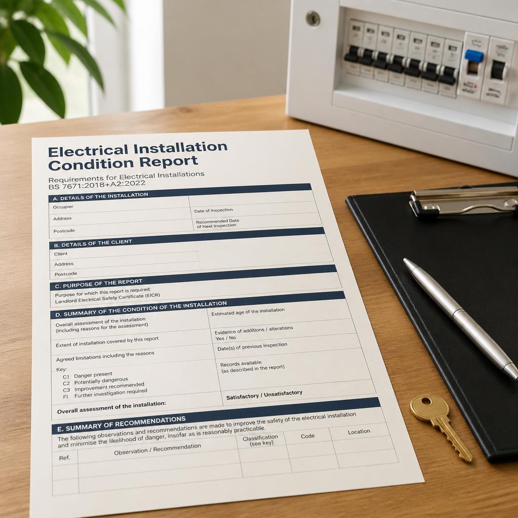 Landlord electrical safety certificate (EICR) document beside a consumer unit